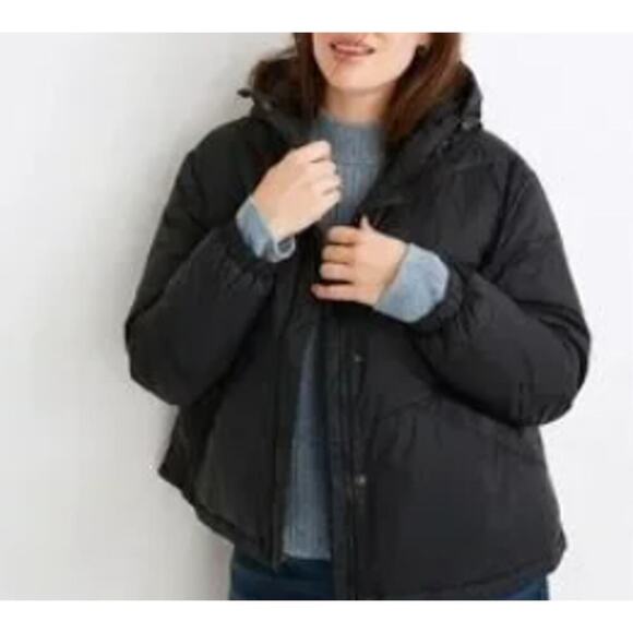 Madewell Chevron Puffer Jacket Black Hooded Zip-Up Packable Womens Medium - Picture 1 of 9